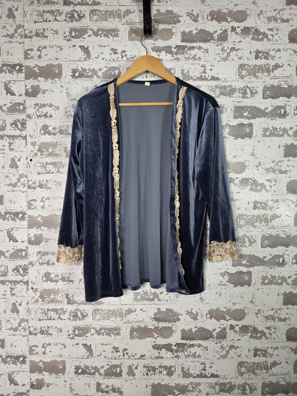 Vintage Blue Velvet Open Front Cardigan Gold Lace Trim Jacket Womens Size L